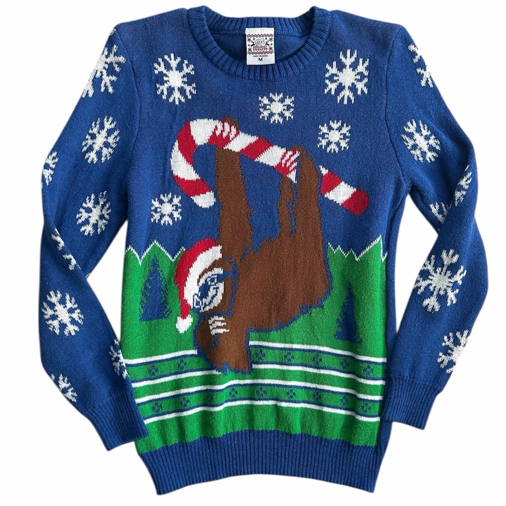 Well Worn Men’s Christmas Sweater Size M Blue Sloth Candy Cane Ugly Holiday‎
